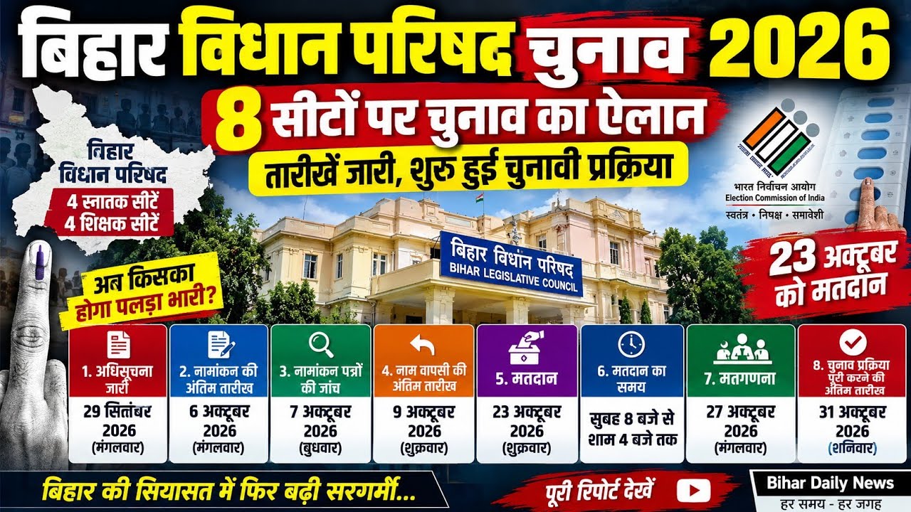 बिहार विधान परिषद चुनाव 2026: 8 सीटों पर चुनाव का ऐलान | 23 अक्टूबर मतदान | पूरी चुनावी तारीखें