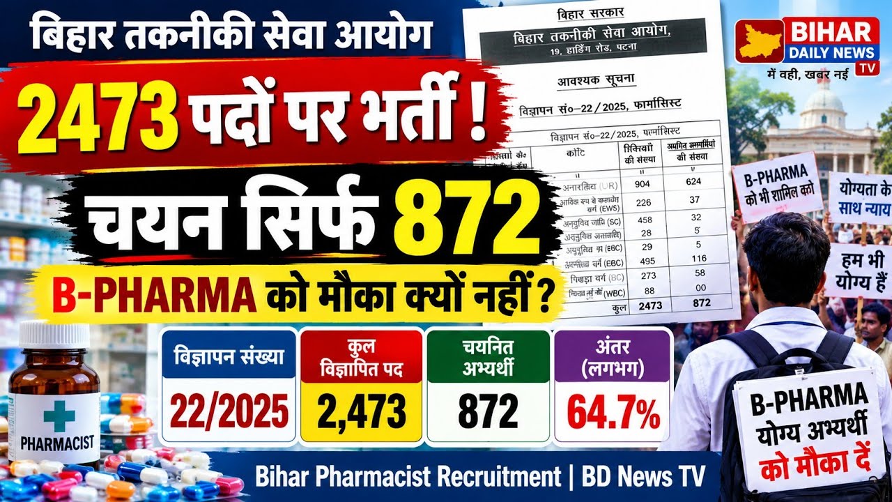 Bihar Pharmacist Vacancy: 2473 पदों पर 872 चयनित, B-Pharma अभ्यर्थियों का सवाल